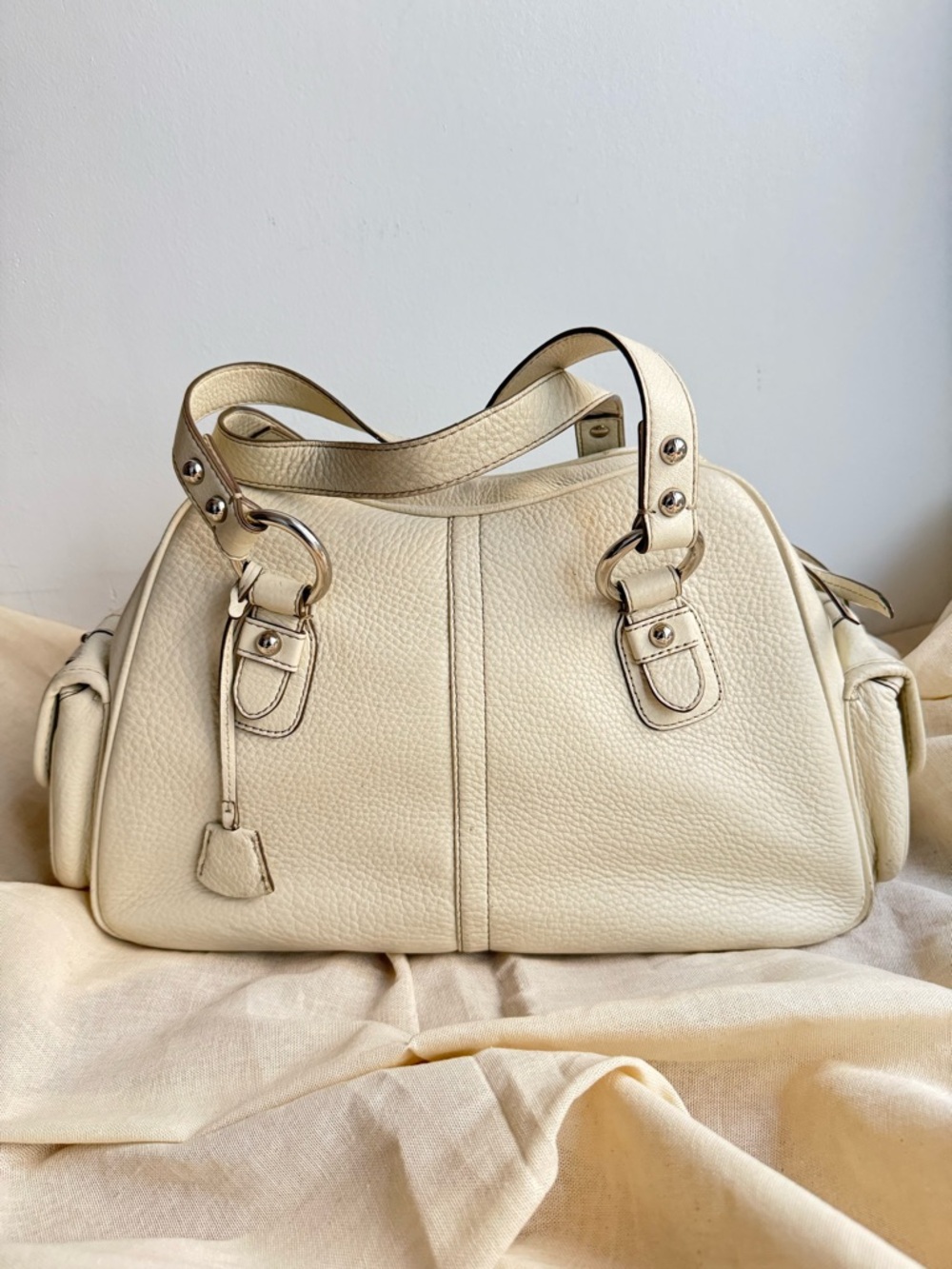 White Pebble Leather Bowling Tote Bag Large Structured Satchel Carryall